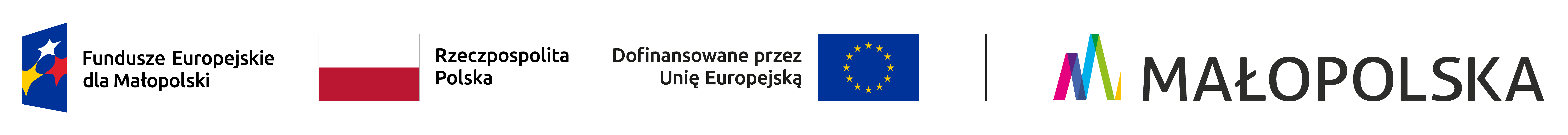 Zestawienie logotypów: Funduszy Europejskich, barw RP, Unii Europejskiej,  logo województwa małopolskiego
