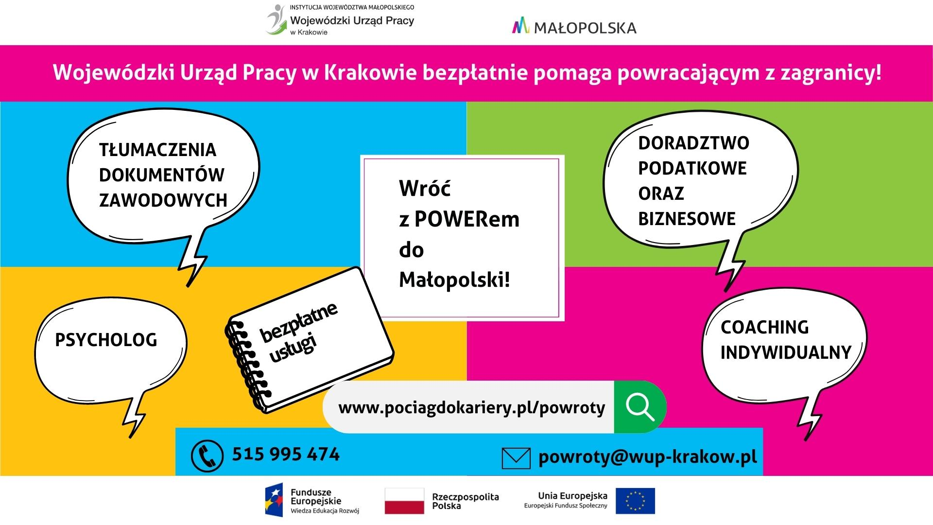 Małopolska.
Instytucja Województwa Małopolskiego.
Wojewódzki Urząd Pracy w Krakowie.

Wojewódzki Urząd Pracy w Krakowie bezpłatnie pomaga powracającym z zagranicy!
Wróć z POWERem do Małopolski!
Bezpłatne usługi.
Tłumaczenia dokumentów zawodowych.
Psycholog.
Doradztwo podatkowe oraz biznesowe.
Coaching indywidualny

www.pociagdokariery.pl/powroty
Telefon: 515995474
powroty@wup-krakow.pl

Fundusze Europejskie Wiedza Edukacja Rozwój.
Rzeczpospolita Polska.
Unia Europejska.
Europejski Fundusz Społeczny.